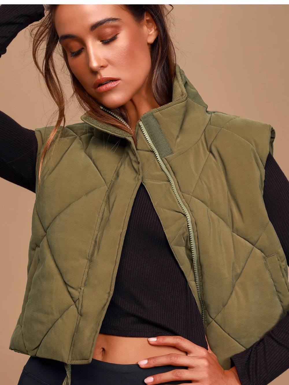 Free People Olive Green Quilted Puffer Vest